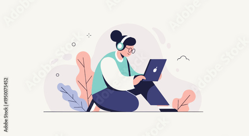 Person with headphones and glasses using a laptop, surrounded by plants