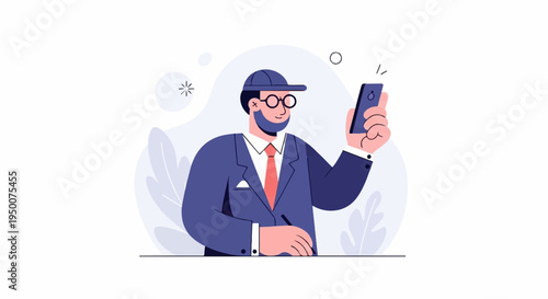 Professional man in suit with cap and glasses, using phone, writing