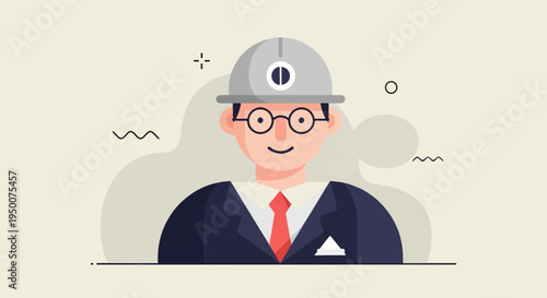 Professional in hard hat and glasses, business attire, abstract background