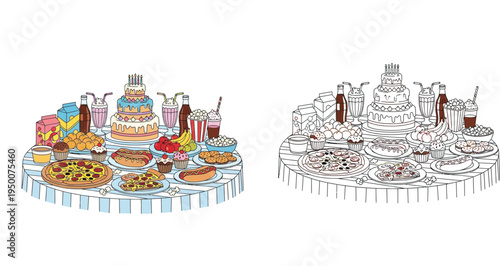 Colorful birthday party food table and black and white outline version for coloring book. Vector illustration featuring cake, pizza, hot dogs, and sweets.