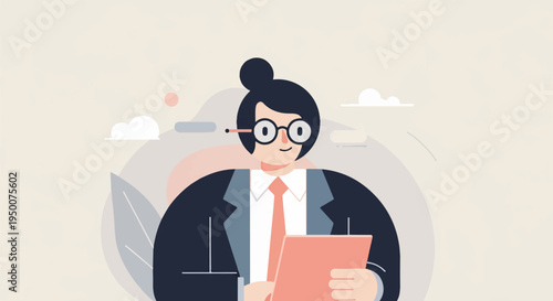Person with glasses and tie holding a tablet with abstract shapes