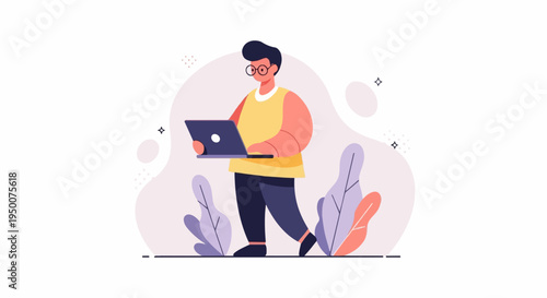 Person with glasses and yellow vest holds laptop, walking amidst foliage