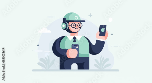 Smiling person in a hat with headphones holds two phones