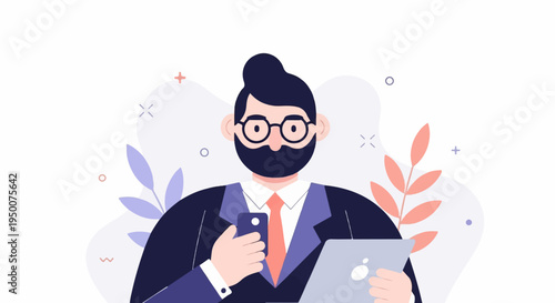 Professional man with beard, glasses, suit, phone, and tablet