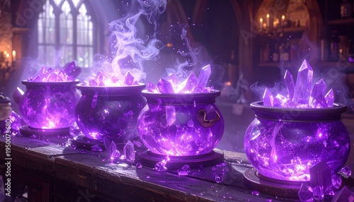 Mystical Purple Cauldrons - A Spellbinding Scene of Magic and Mystery.