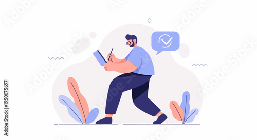 Person with glasses drawing on tablet, checkmark speech bubble