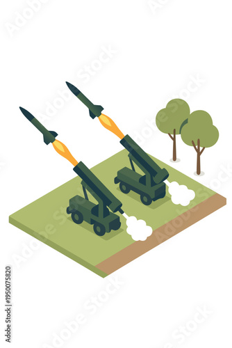Two military missile launchers are shown in an outdoor, isometric view, firing rockets with flames and smoke. This flat design graphic is suitable for defense or technology concepts.