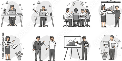 Stylized business people in various office and meeting scenarios