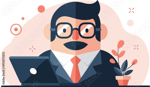 Smiling man in suit with glasses works on laptop, surrounded by abstract shapes and plants