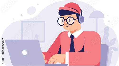 Smiling person in glasses and headphones working on a laptop at a desk