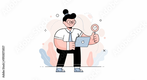Person with laptop and checkmark symbol, symbolizing approval or success