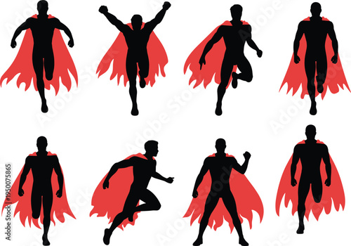 Superhero silhouettes collection, red cape figures, dynamic action poses, flying running standing, comic book inspiration, heroic character silhouettes, black figures