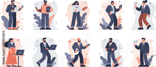 Stylized business professionals with various devices and activities