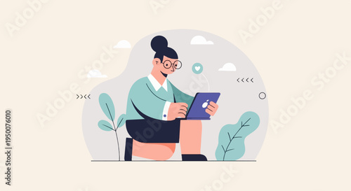 Person working on a laptop amidst nature-inspired abstract shapes and clouds