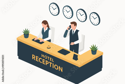 Professional hotel receptionists assisting guests at the front desk. This flat design vector graphic is ideal for hospitality, travel, and business-related concepts.