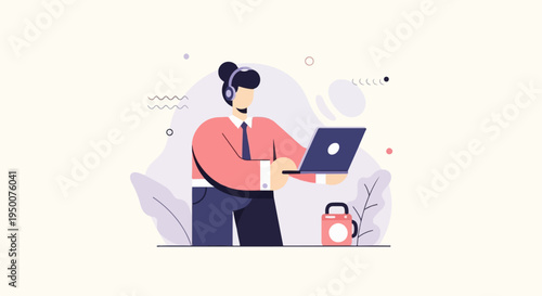 Person with headphones and laptop, abstract shapes, and coffee cup
