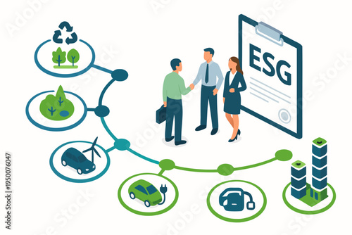 Business people shaking hands next to ESG goals chart, sustainable development vector illustration