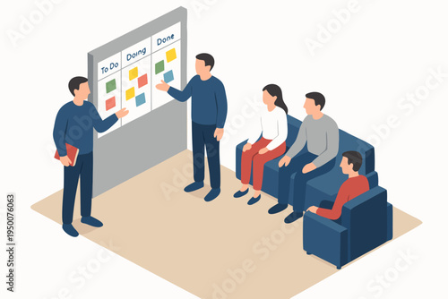 Agile team meeting with kanban board, planning, and workflow illustration