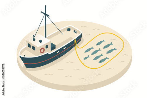 Fishing boat with school of fish in illustrated net, flat design vector graphic
