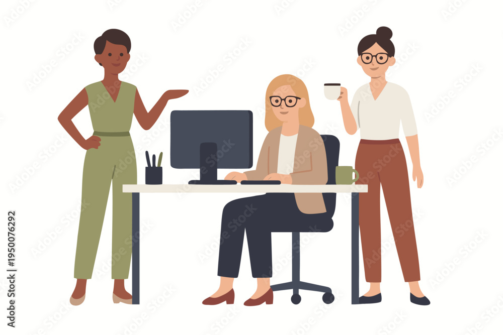 Obraz premium Diverse business team collaborating in office, one woman working at desk with computer, flat design vector illustration
