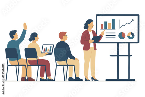 Business presentation with a woman trainer at whiteboard and audience raising hands, vector illustration