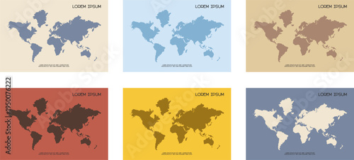 Cards, poster template set with world map silhouettes 