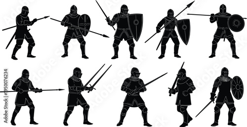 Medieval knight warrior silhouette set featuring armored soldiers with swords, spears, and shields in historic battle poses