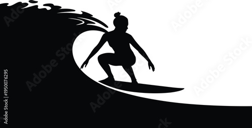 surfing silhouette woman surfer wave ocean sport action female ride board extreme summer beach black vector illustration girl