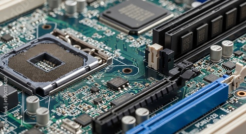 Close-up macro shot of a computer motherboard with integrated circuits and electronic components, showcasing the intricate details of modern technology and hardware