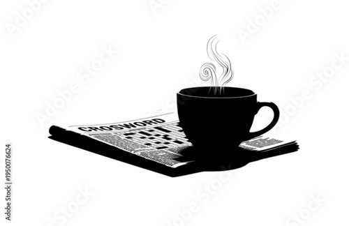 Coffee Mug on Crossword Newspaper Silhouette, Morning Ritual Vector Sticker, Cozy Hobby and Relaxation Illustration