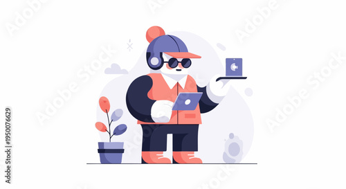 Stylized character in a hat and vest holds a tablet, with a device on a platter