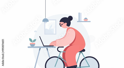 Person working on laptop while riding a stationary bicycle indoors