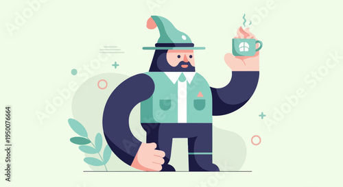 Stylized character in a pointed hat holding a steaming mug