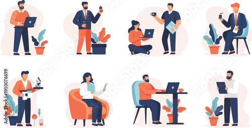 Professionals interacting with devices and plants in an office-like setting