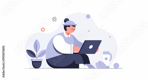 Person working on laptop with plant and drink