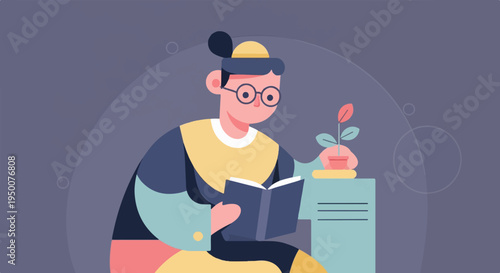 Person with glasses reads a book beside a potted plant