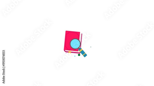Animated illustration of a red book being examined with a magnifying glass on a white background