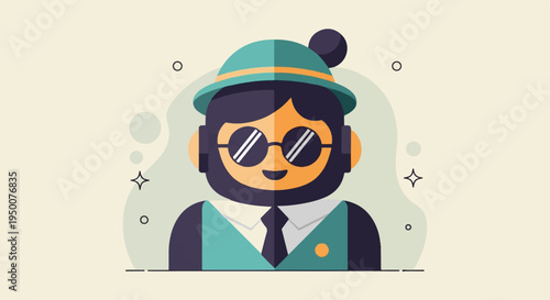 Quirky character in hat, sunglasses, and teal vest with a tie