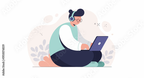 Person with headphones and laptop sits cross-legged, surrounded by abstract shapes