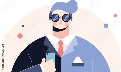 Stylish abstract character in a suit holding a smartphone with a tie