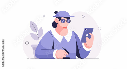 Person wearing hat and glasses, holding phone and stylus, with plant