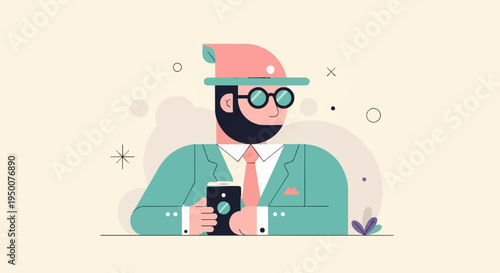 Stylish bearded man in a teal suit and pink hat, holding a smartphone