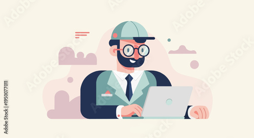 Person wearing hat and glasses, working on laptop