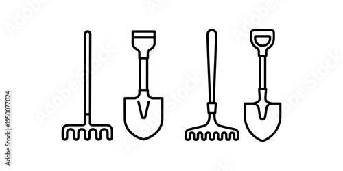 Garden tool set icon vector illustration showing two different rakes and two types of shovels with handles for farming landscaping and gardening chores