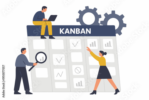 Kanban board with team collaborating on tasks, project management concept vector illustration