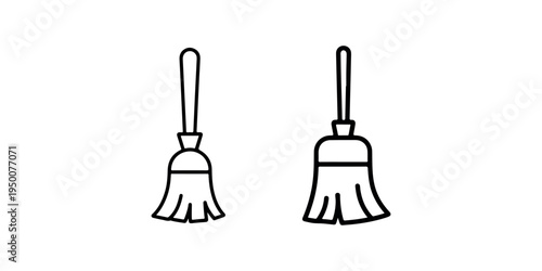 Two broom icons in a row on white background, cleaning tool outline graphics