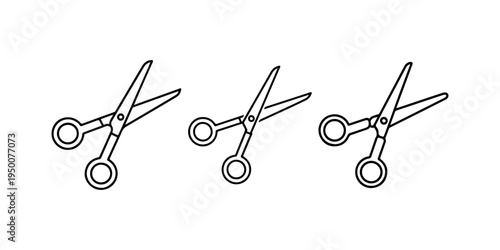 Three surgical scissors icons in a row on white background, medical instrument outline graphics