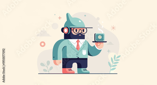 Stylized character in suit and helmet offers a steamy cup on a tray