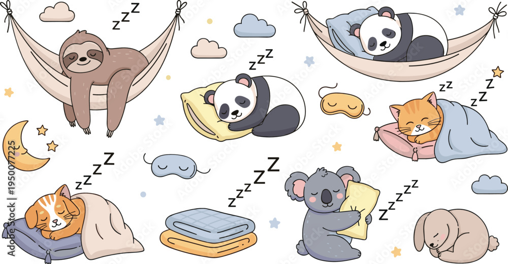 Obraz premium Cute Sleeping Animals Set with Panda Sloth Cat Koala Bunny Hammock Dreams Cartoon Vector Illustration