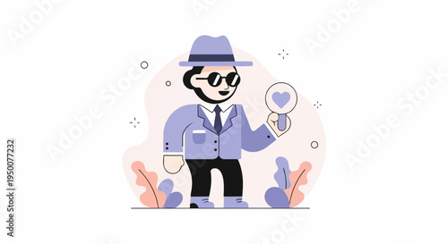 Stylish cartoon detective holding magnifying glass with heart, surrounded by abstract plants
